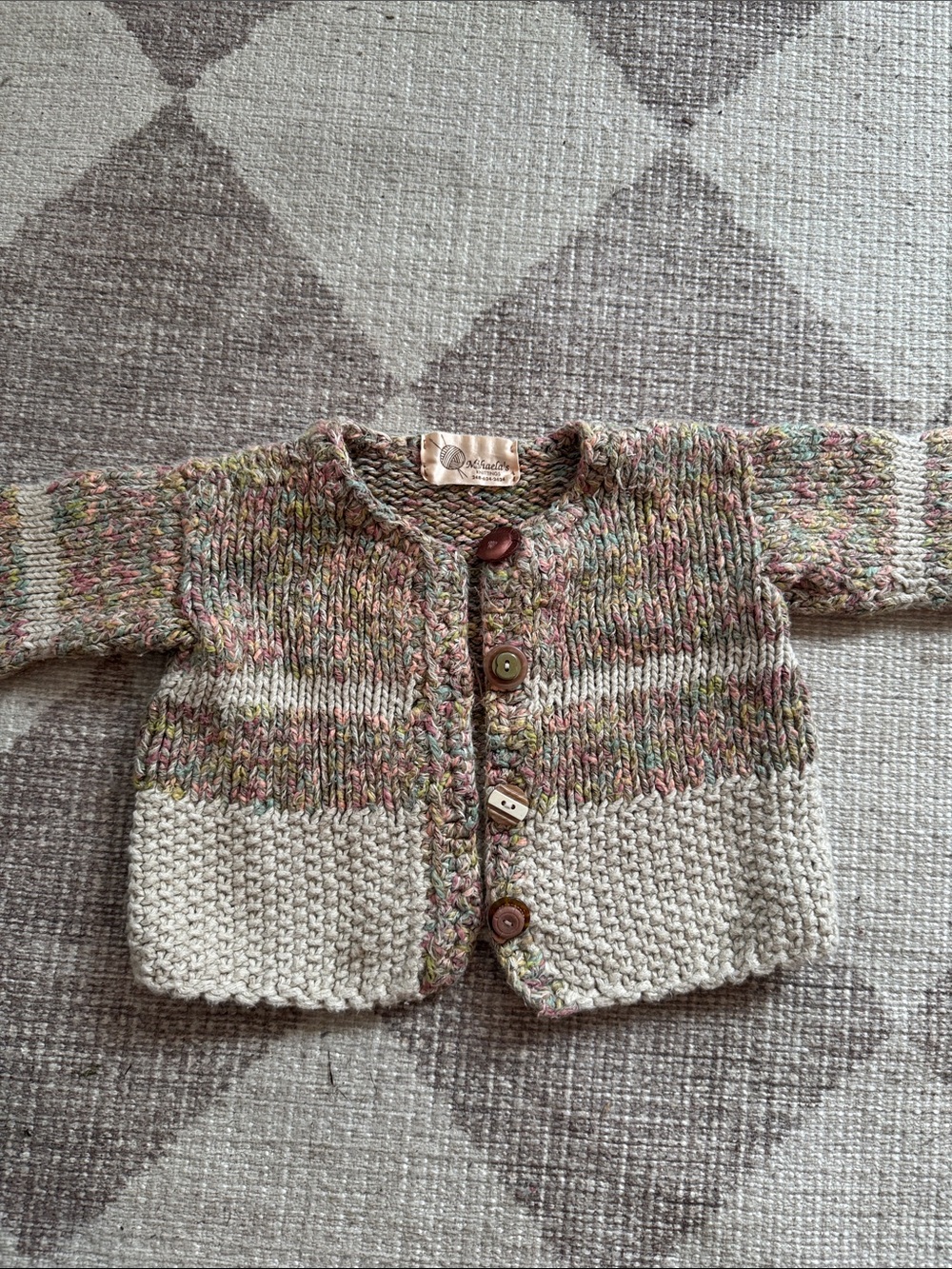 Hand-Knit Cream & Multicolor Baby Cardigan - Picture 2 of 6